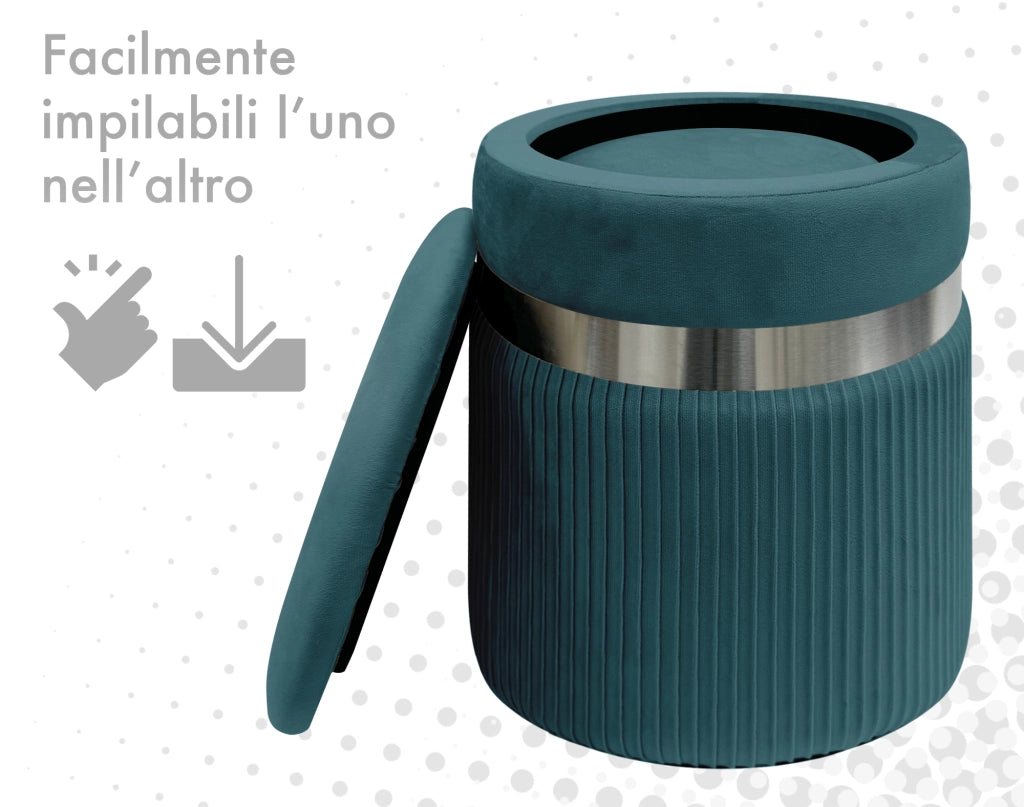 Set Di 2 Pouf Contenitori In Velluto Design Moderno Poggiapiedi,Sgabello Tondo con Coperchio Rimovibile e Seduta Imbottita Alta DensitÃ  Con Fascia In Metallo Contenitore Capiente Storage Box Petrolio