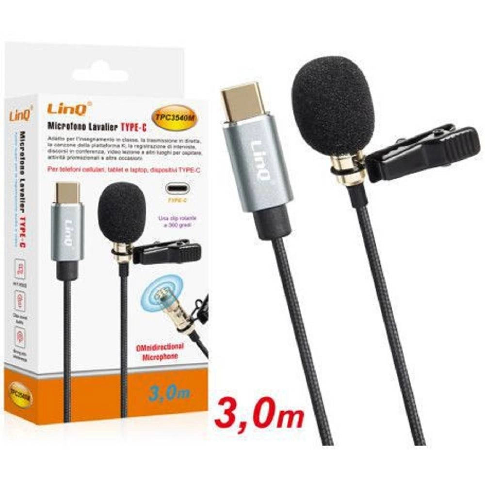 Trade Shop - Microfono Lavalier Usb-c Suono Omnidirezionale A 360° Con Cavo 3 Metri Tpc3540m -