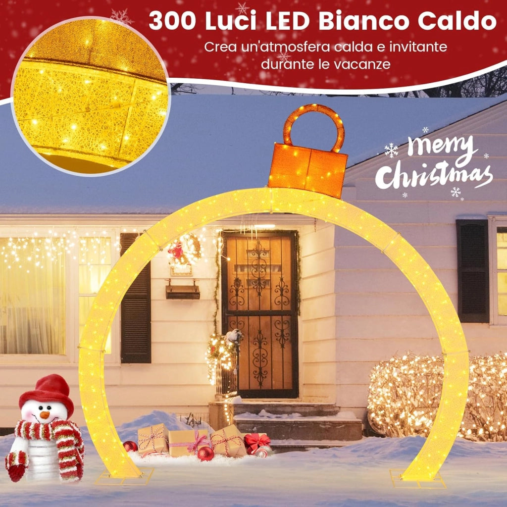 Arco di Natale Pre-Illuminato di 313 cm, Arco Festivo Illuminato con Cappello Ornamentale Dorato, 300 Luci LED Bianche Calde, Decorazione Natalizia per Giardino, Negozio e Cortile