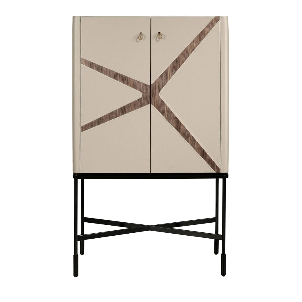 Credenza alta in similpelle, noce e acciaio nero
