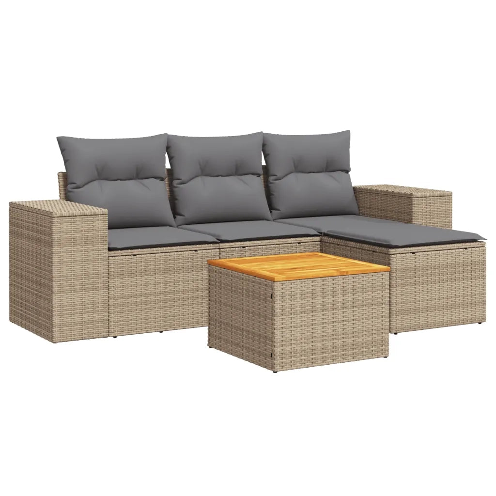 Set Divano da Giardino 5 pz | Set Salotto da Giardino con Cuscini Beige in Polyrattan