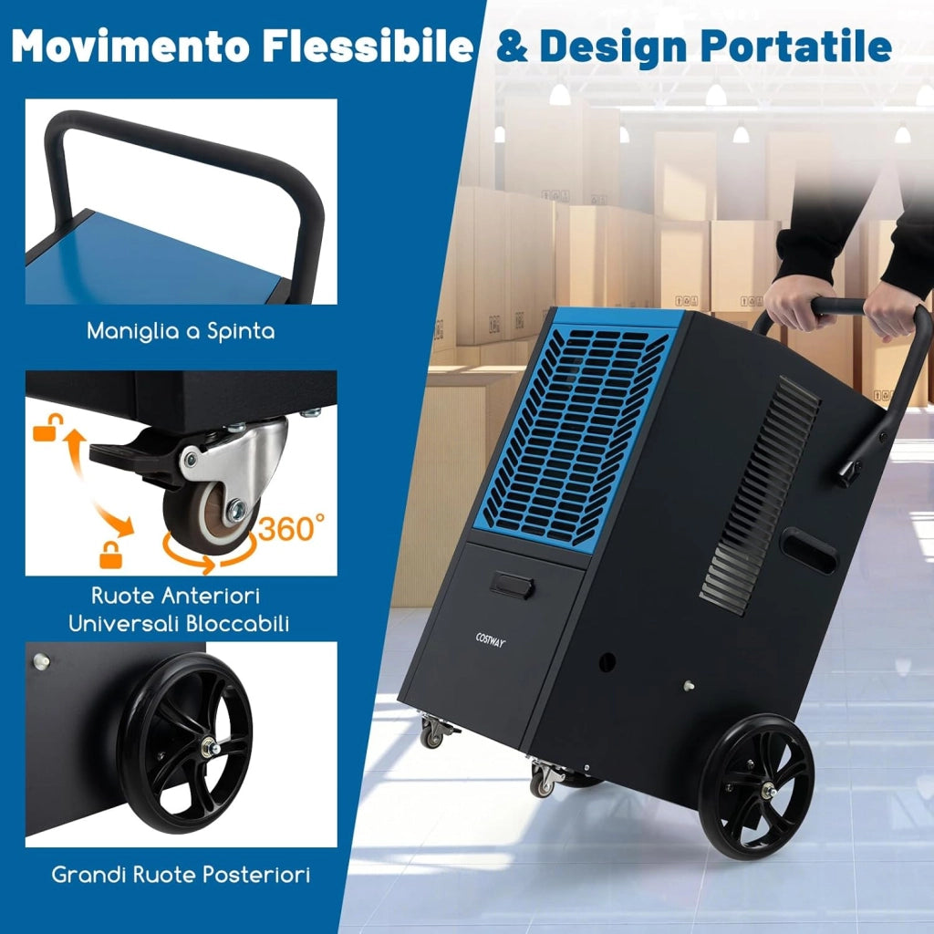 66 L Deumidificatore Commerciale, Deumidificatore con Pompa e Tubo di Drenaggio, Deumidificatore Industriale con Timer 24H e 4 Ruote per Cantina Magazzino (Blu)