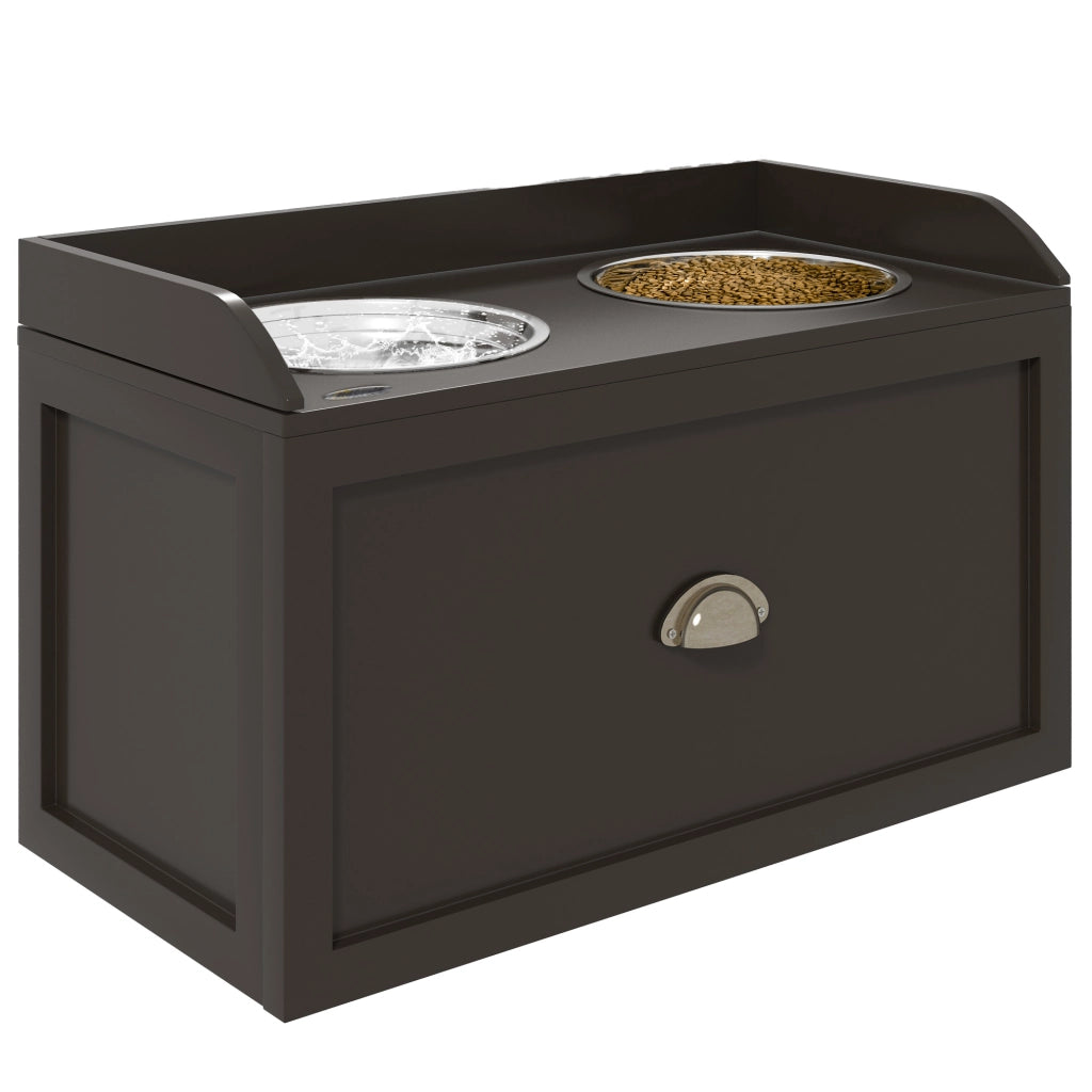 Ciotole per Cani Rialzate in Acciaio Inox e Legno con Cassetto. 60x30x36cm. Marrone