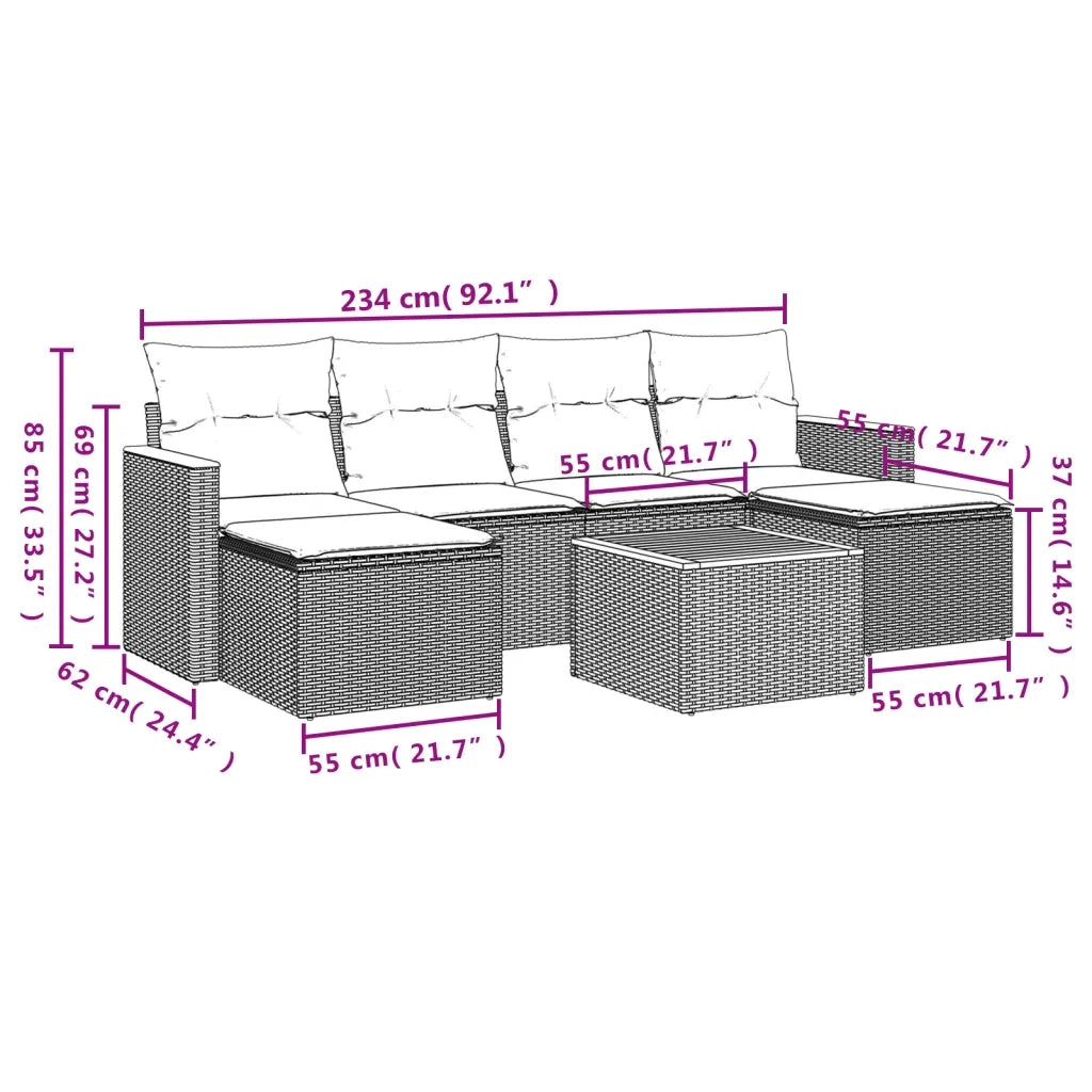Set Divani da Giardino 7 pz con Cuscini Beige in Polyrattan