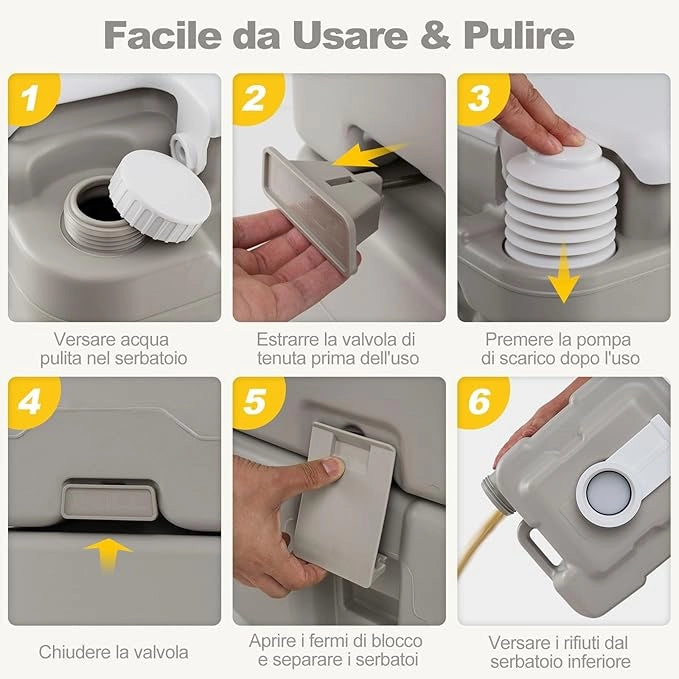 WC Portatile Adulti con Serbatoio dell'Acqua Rimovibile da 20 L, Toilette Portatile con Pompa di Scarico, WC Chimico da Campeggio, per Camper, Barca, Portata 200 kg