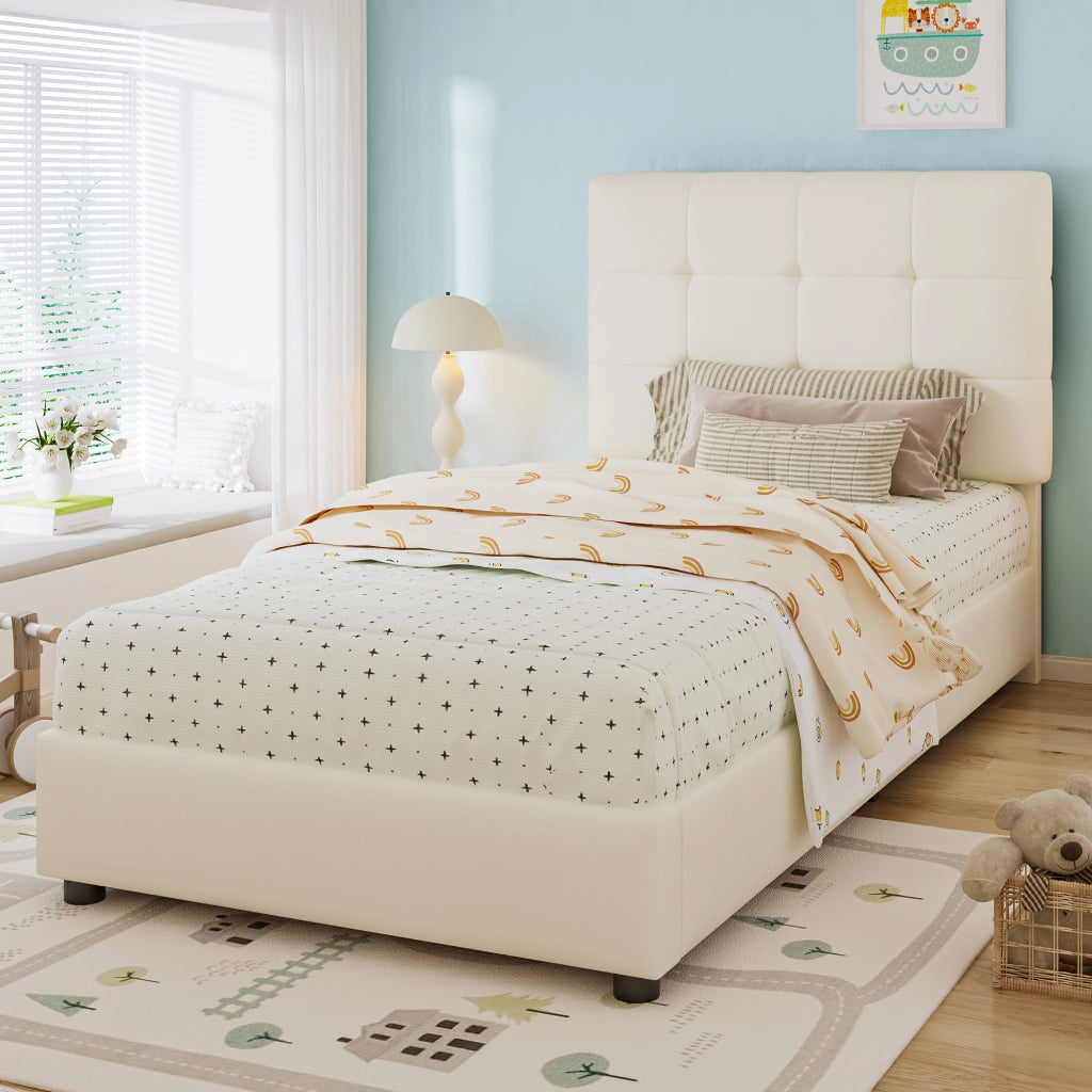 Upholstered Kids Bed;90x200 cm;biscuit-shaped headboard;soft padded edges;beige