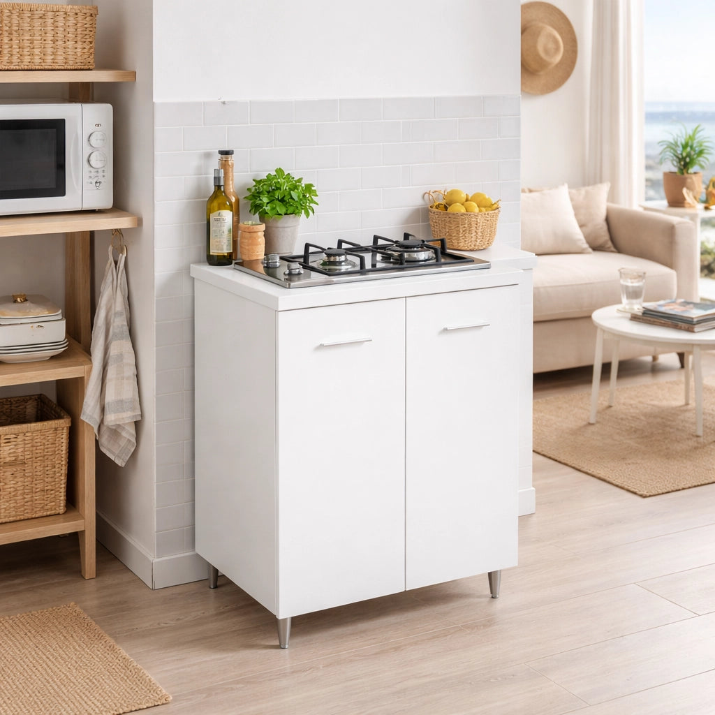 Mobile Mini Cucina 60x40 h85 con Piano Cottura Gas 2 Fuochi Gpl Acciaio Bianco