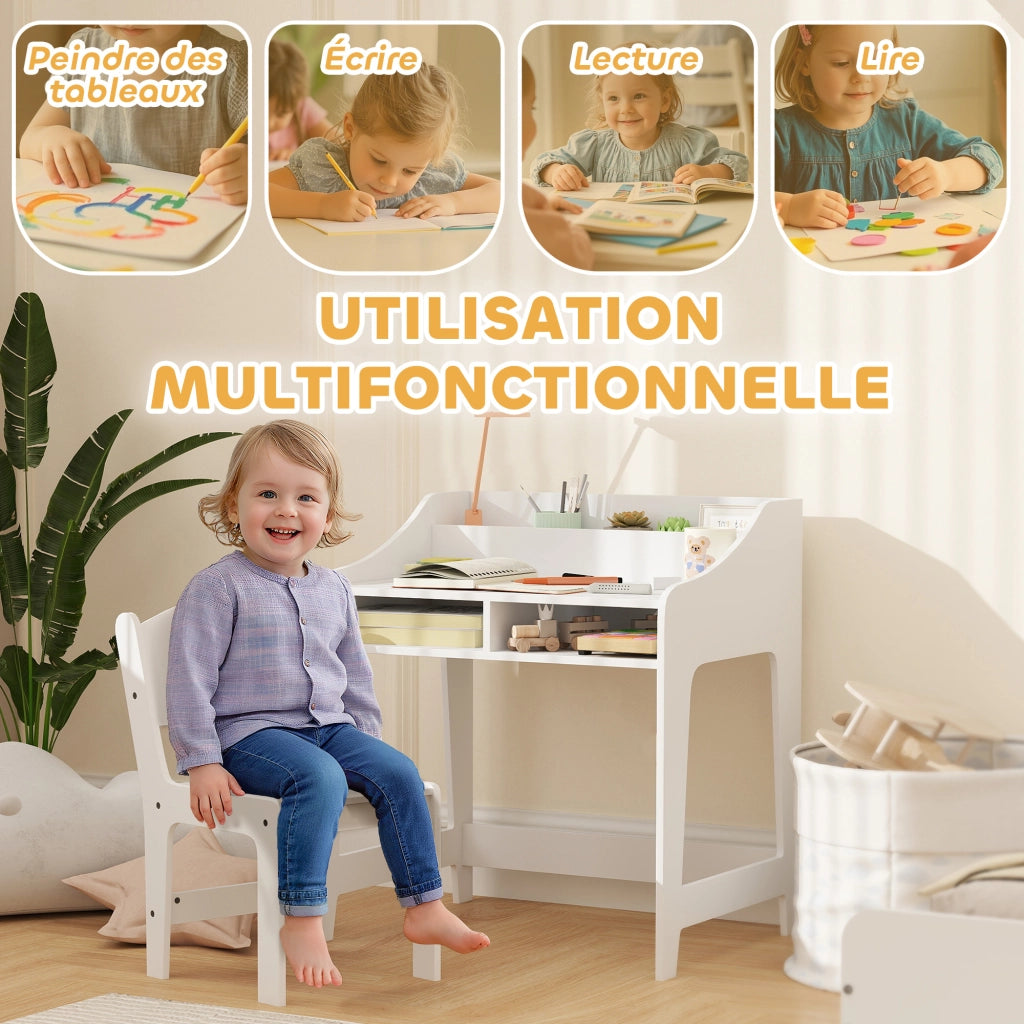 Set scrivania e sedia per bambini 3-8 anni con cassetti e scaffale ¨C Xylo ¨C bianco