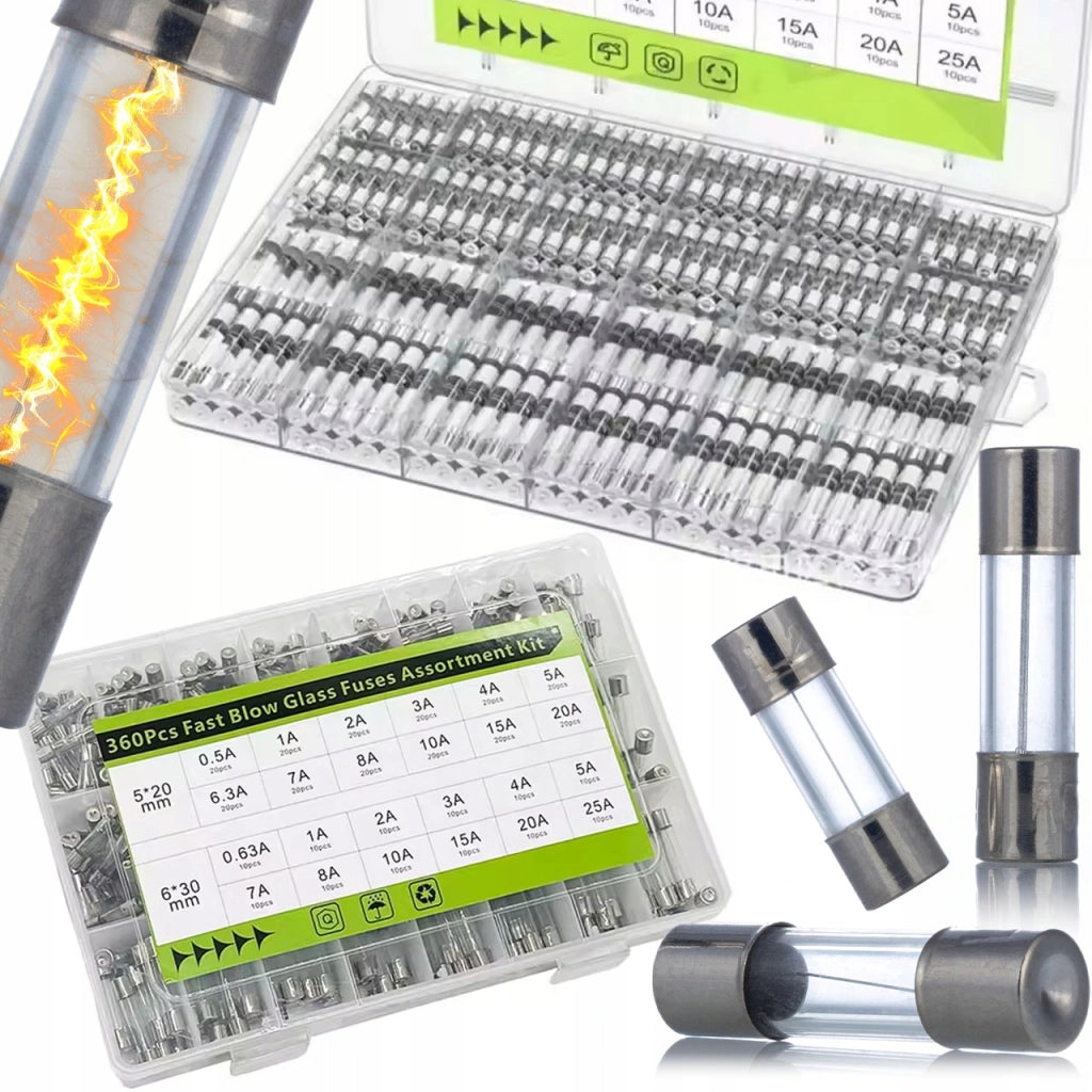 Set di Fusibili in Vetro WTA FuseSet Max360 – 360 Pezzi | 5x20 mm e 6x30 mm | 0,5A–25A | 250V | Tipo Rapido