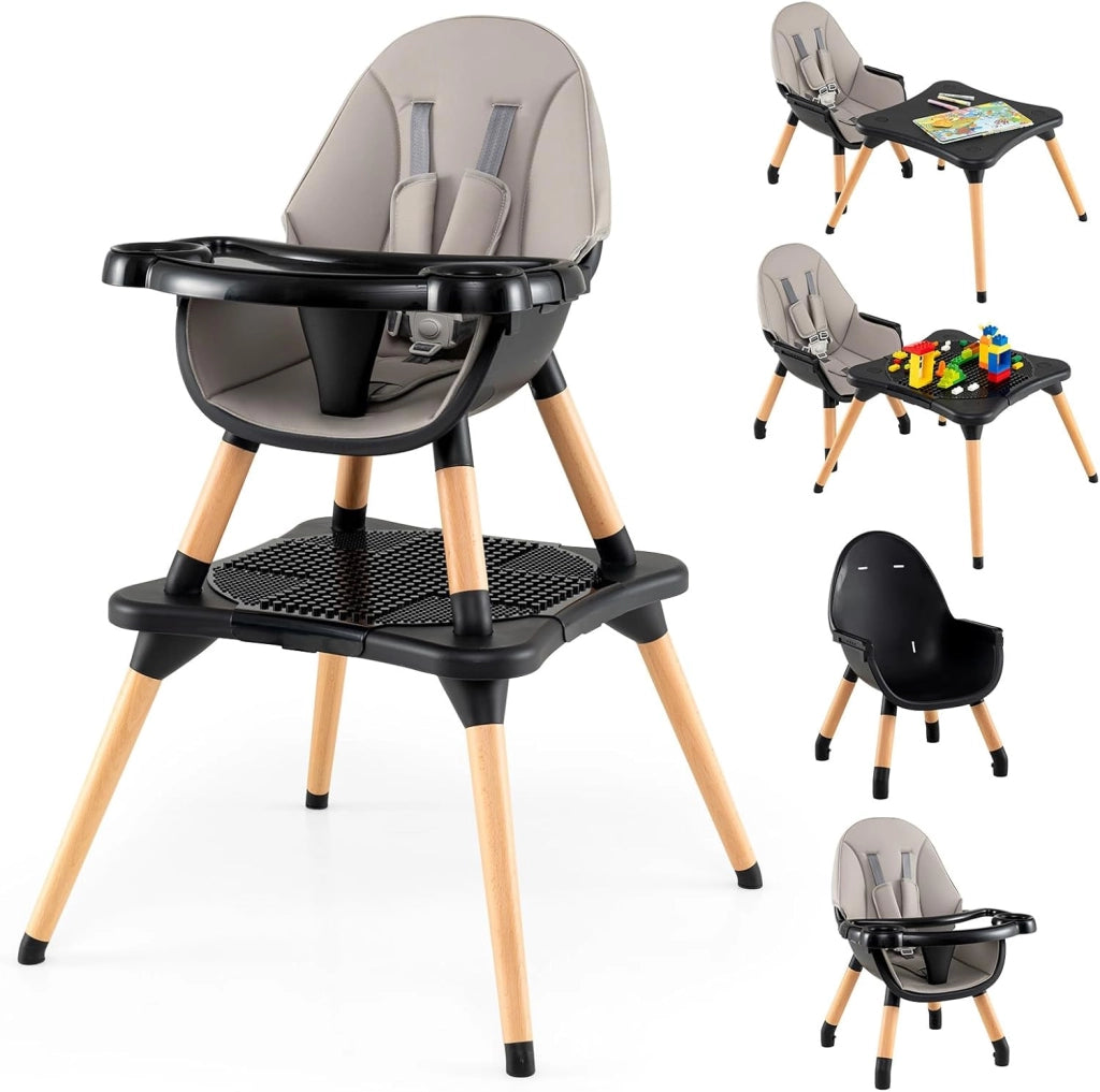 6-in-1 Seggiolone per Neonati, Seggiolone Prima Pappa, Tavolo e Sedia Convertibile per Bambini, Imbracatura di Sicurezza, Vassoio Rimovibile, per Bambini 6-36 Mesi (Grigio+Nero)
