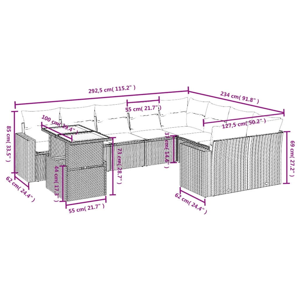 Set Divano da Giardino 10 pz con Cuscini Beige in Polyrattan