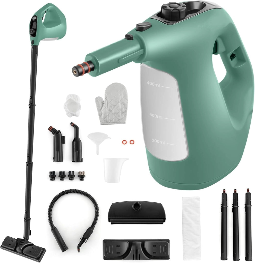 1500W Pulitore a Vapore Portatile, Macchina a Vapore con Serbatoio d'Acqua da 400 ml Blocco per Bambini e Kit di Accessori da 14 Pezzi, 33x13x24,5 cm (Verde)
