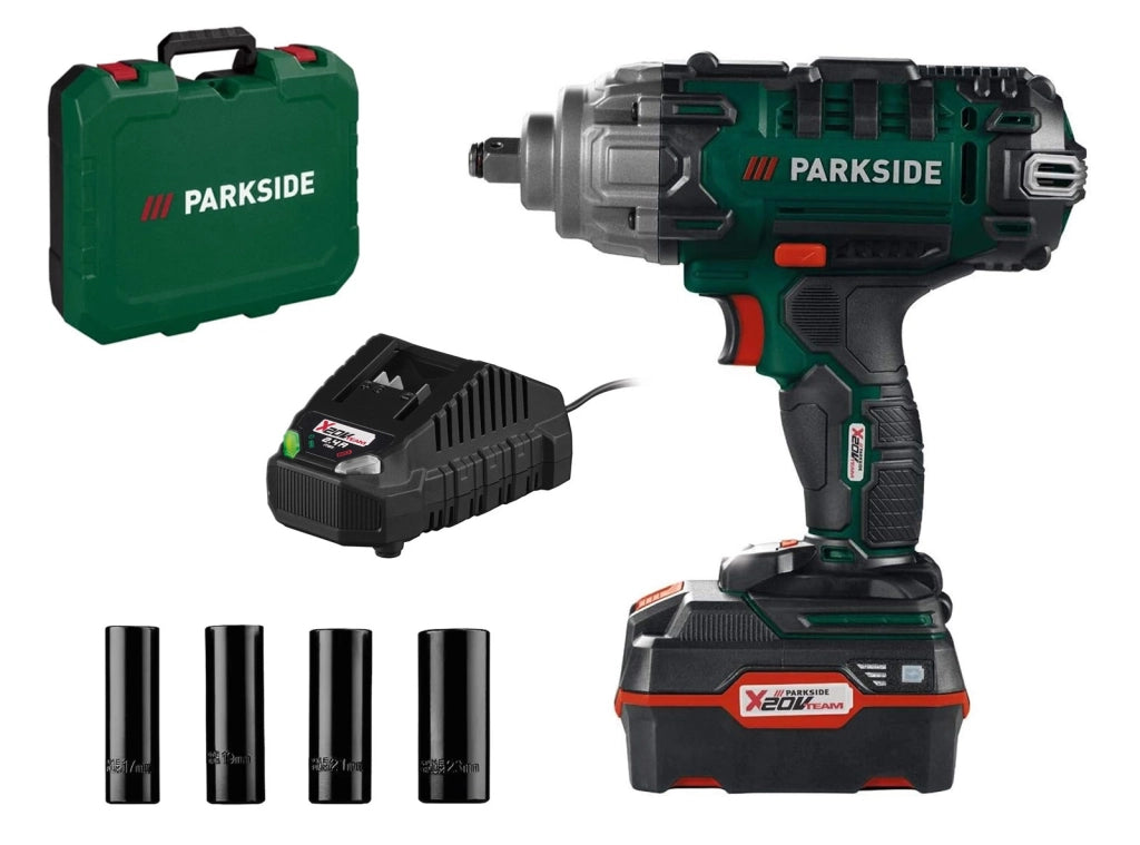 Avvitatore a Impulsi Parkside PASSK 20-Li C4 da 100 a 400 Nm da 20 V con Batteria e Caricabatteria con Bussole Montaggio Gomme - Prodotto Esposto