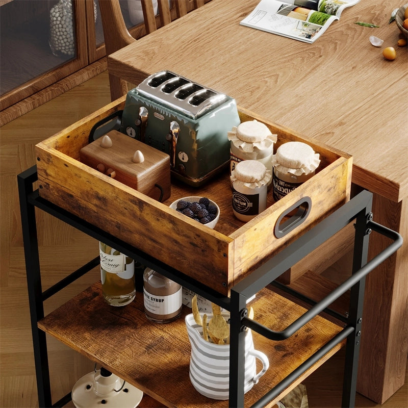 Carrello da cucina con vassoio rimovibile, marrone, stile vintage/retro/loft, su ruote, 86 cm