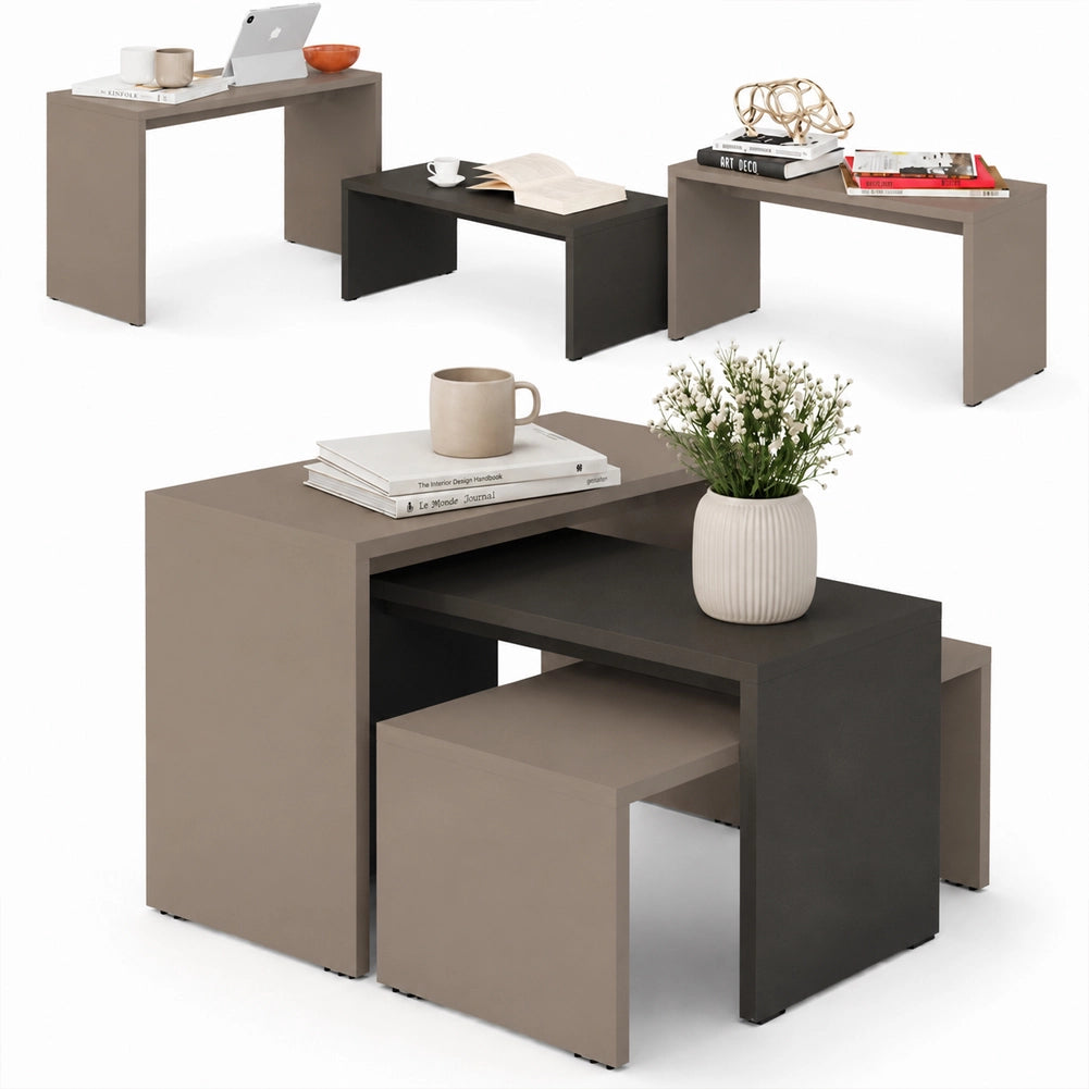 Tavolino Caffe Divano Salotto Rettangolare 3Pz Moderno Legno Moka e Antracite