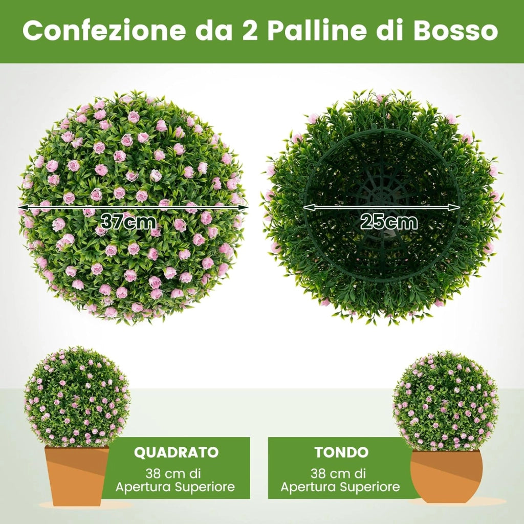 Set di 2 Palla Topiaria con Fiori Finti 37 cm per Vaso, Sfera di Fiori Sintetica in PE da Giardino, Palline di Bosso Artificiali Decorative Realistico Arredamento da Interno ed Esterno