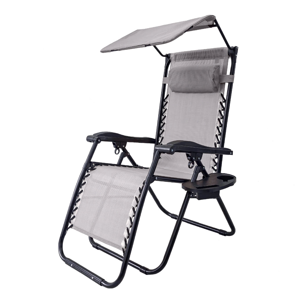 Sedia Sdraio 0 Gravità Pieghevole Professionale con Tettuccio Parasole e Poggiapiedi in Acciaio e Textilene – Reclinabile con Cuscino e Porta Bevande, Ideale per Giardino, Piscina e Campeggio Grigio