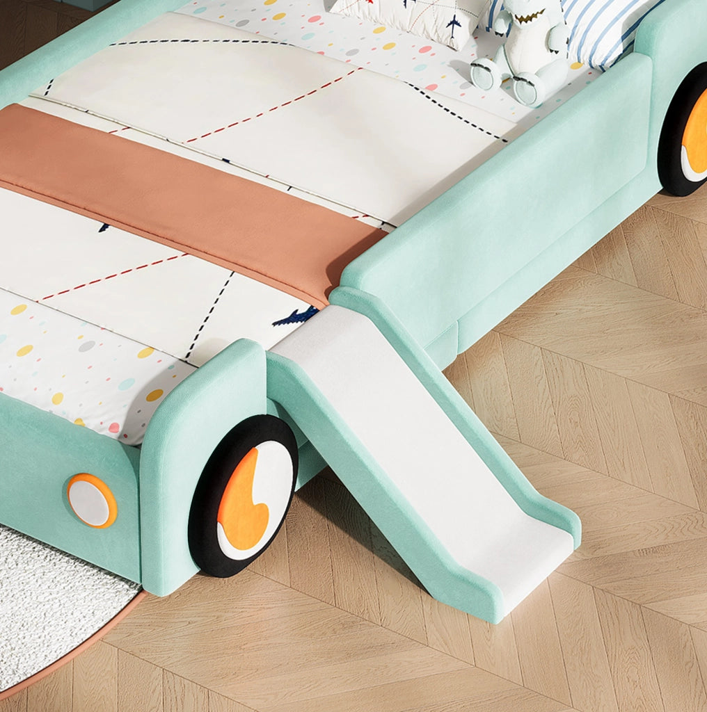 Letto per bambini a forma di auto con scivolo e scala reversibili; 90x200 cm; velluto blu-verde