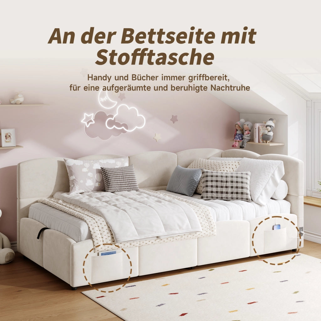 Divano letto singolo – 90x200 cm – contenitore USB tasche – velluto beige