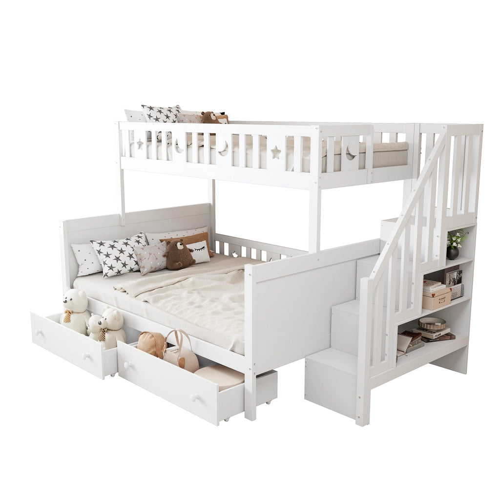 Letto a castello per bambini; 90x200cm e 140x200cm; legno massiccio; con scale di sicurezza; bianco