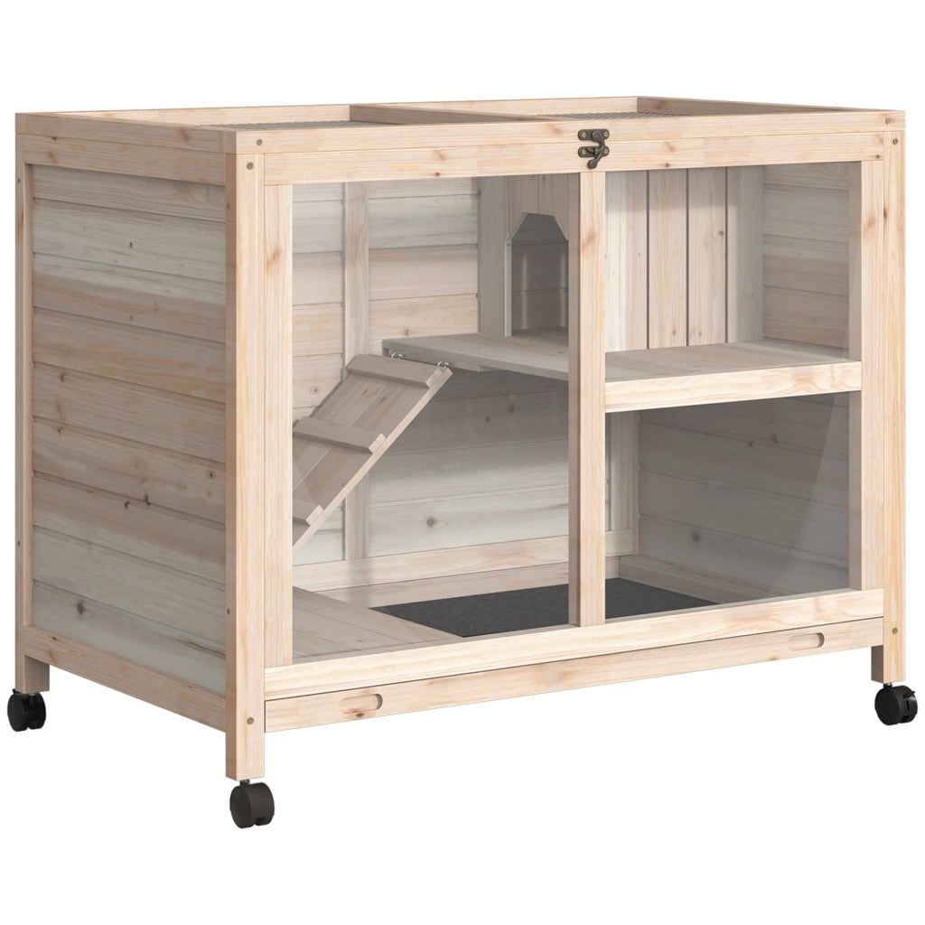 EasyComfort Conigliera in Legno a 2 Piani con Casetta, Rampa e Vassoio Estraibile, 91.5x53.3x73cm
