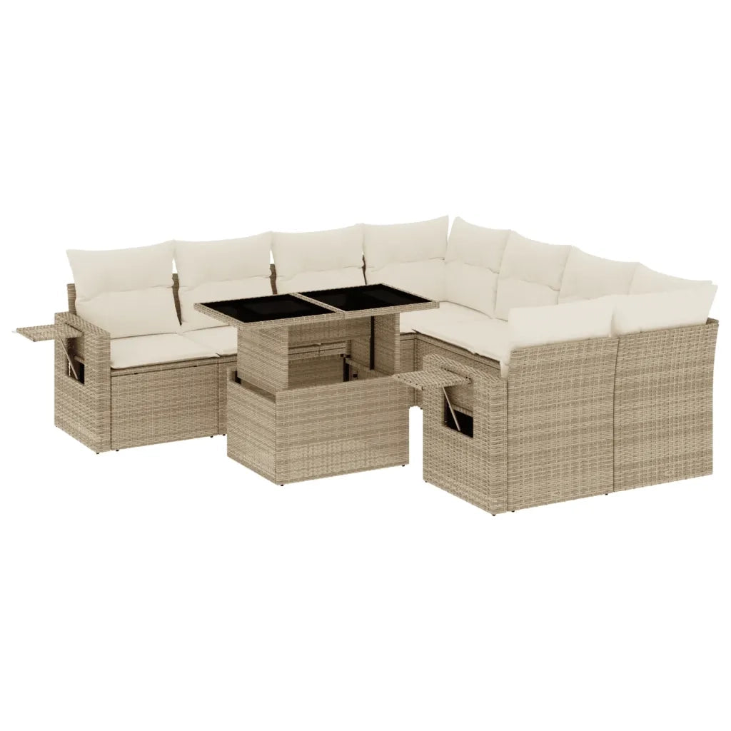 Set Divano da Giardino 9 pz con Cuscini Beige in Polyrattan