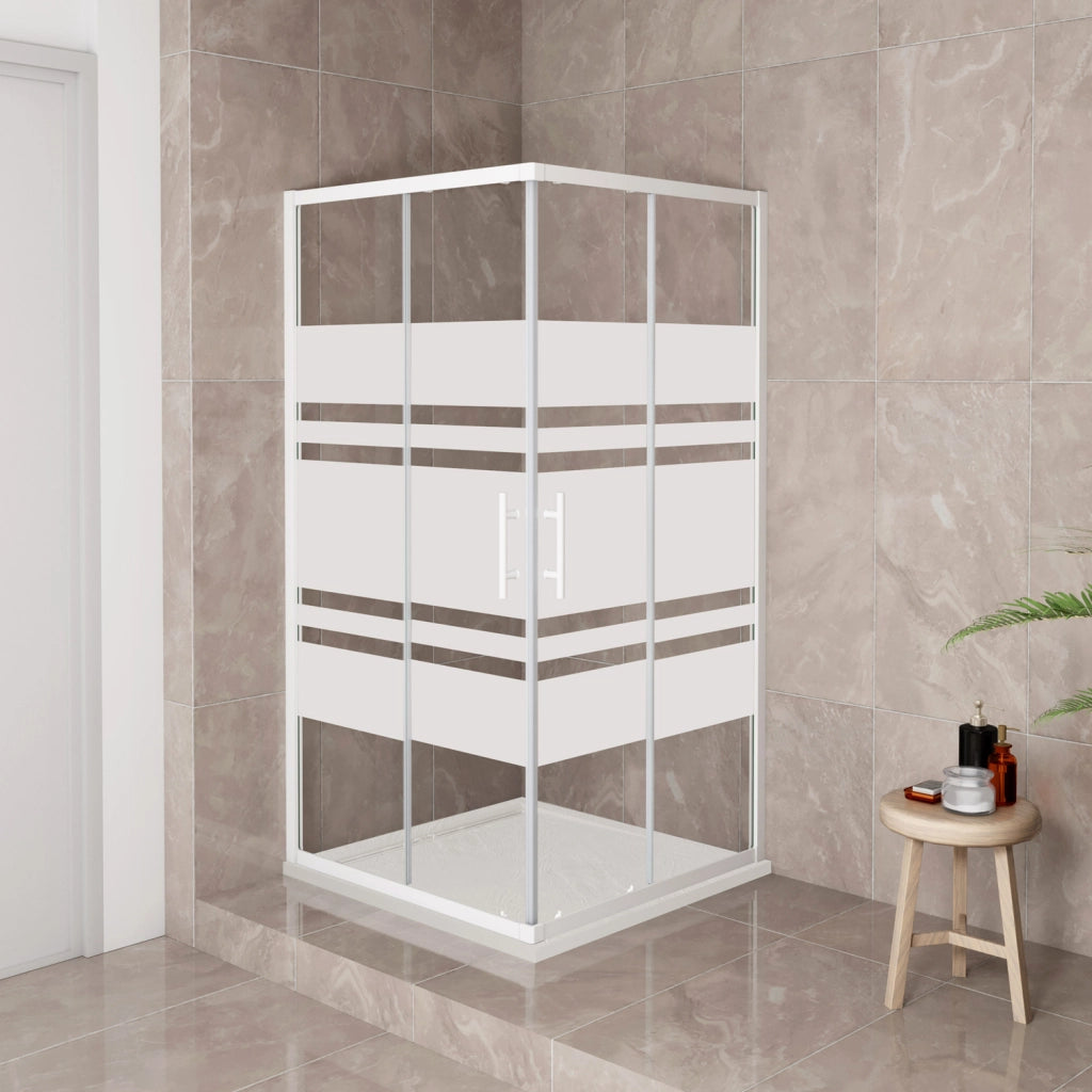 185 cm Box Doccia Angolare 100x70 cm Porte Scorrevoli Vetro Temperato 5 mm Anticalcare Fascie in Serigrafato Telaio Bianco Opaco