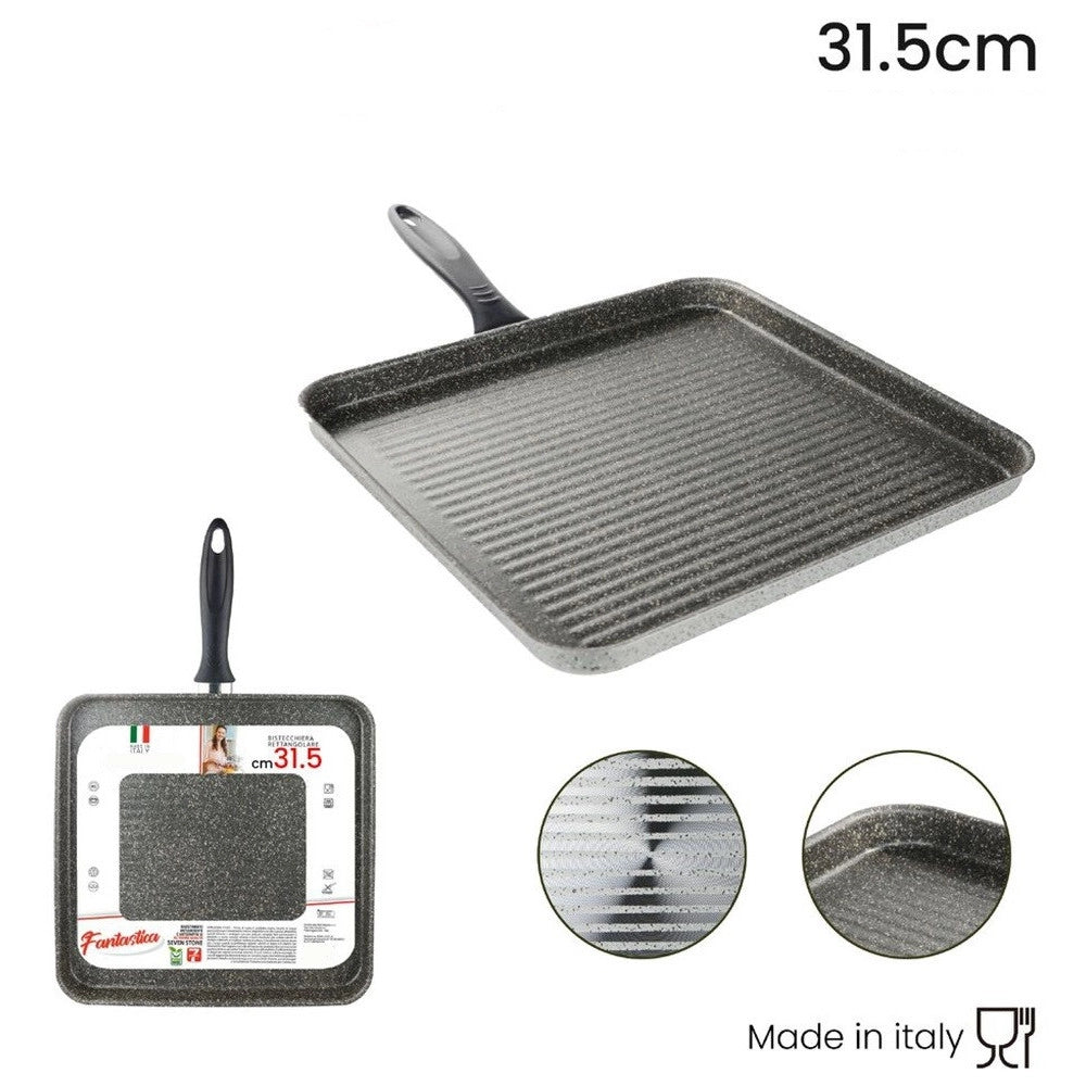 Trade Shop - Bistecchiera Quadrata 31.5 Cm Pietra Antiaderente Antigraffio Con Manico Nero 041064m -
