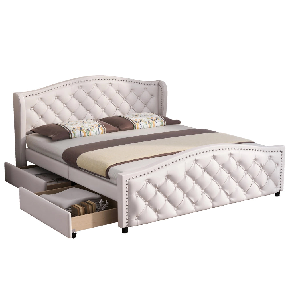 OKWISH Letto con Cassetti 140×200 cm, Letto Matrimoniale con 2 Cassetti e Testiera Imbottita, senza Materasso, in PU, Bianco