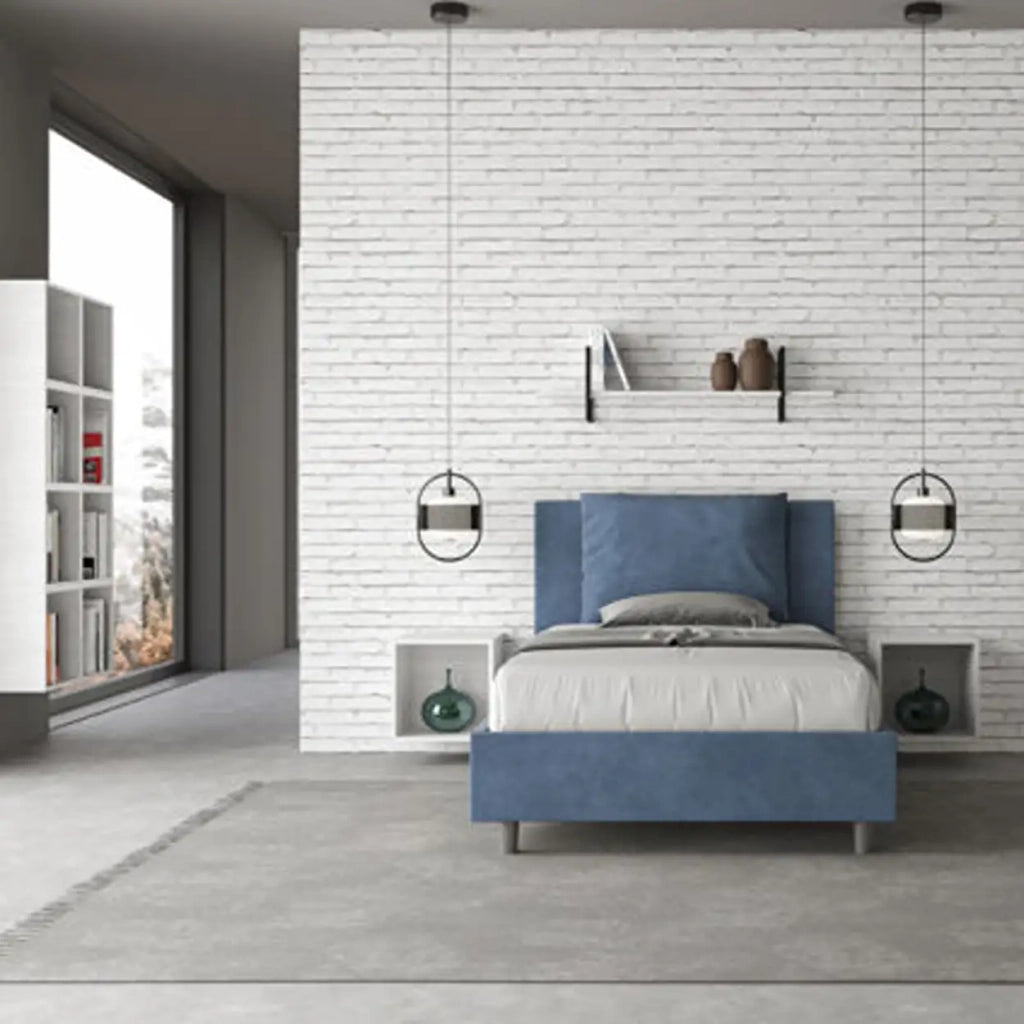 Letto una piazza e mezza con rete imbottito 120x210 microfibra blu Antea