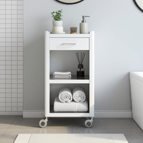 Carrello Portaoggetti a 3 Ripiani e 1 cassetto, carrello salvaspazio, bianco - acciaio inossidabile, THELMA