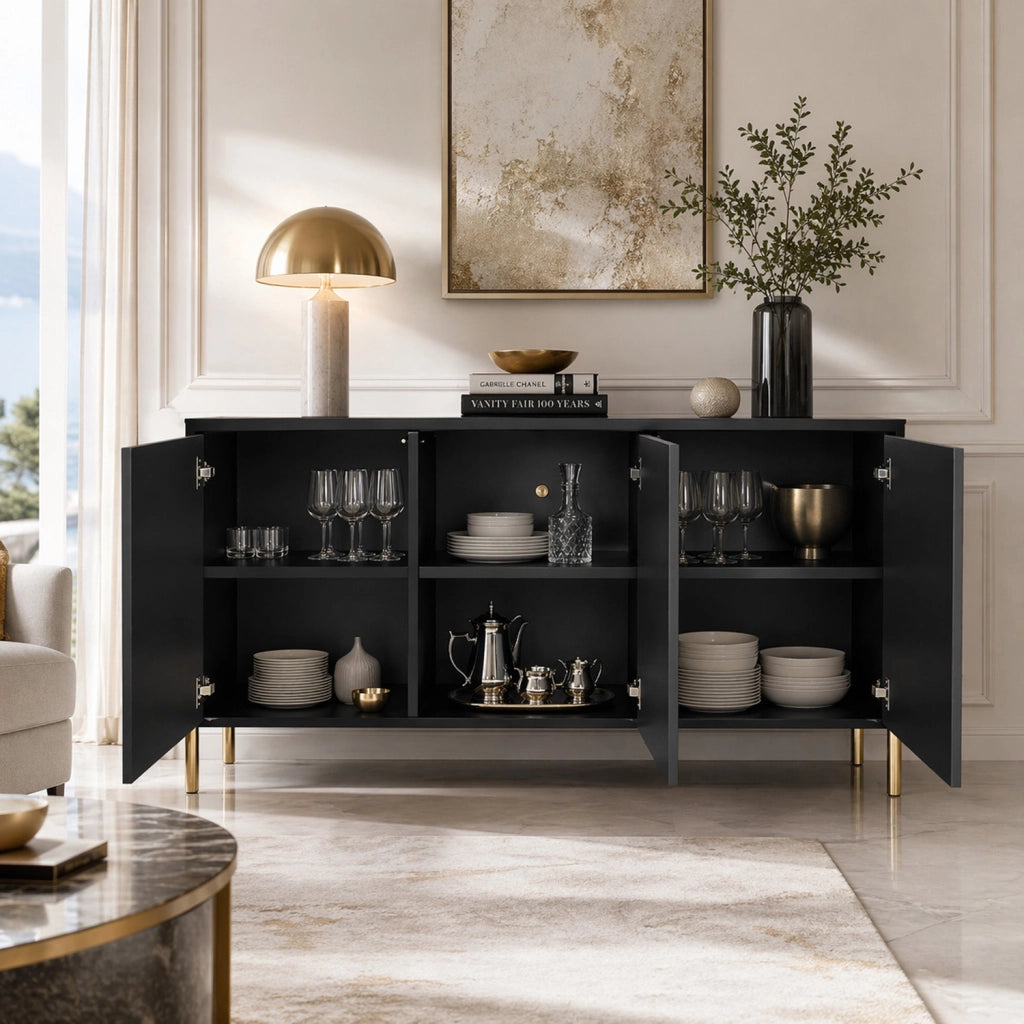 Credenza Con 3 Ante Battenti E Ripiani Interni Madia Moderna In Melaminico Con Ampio Spazio Contenitivo Per Soggiorno Sala Da Pranzo Corridoio Zona Living 154 X 38 X 80 Cm Nero