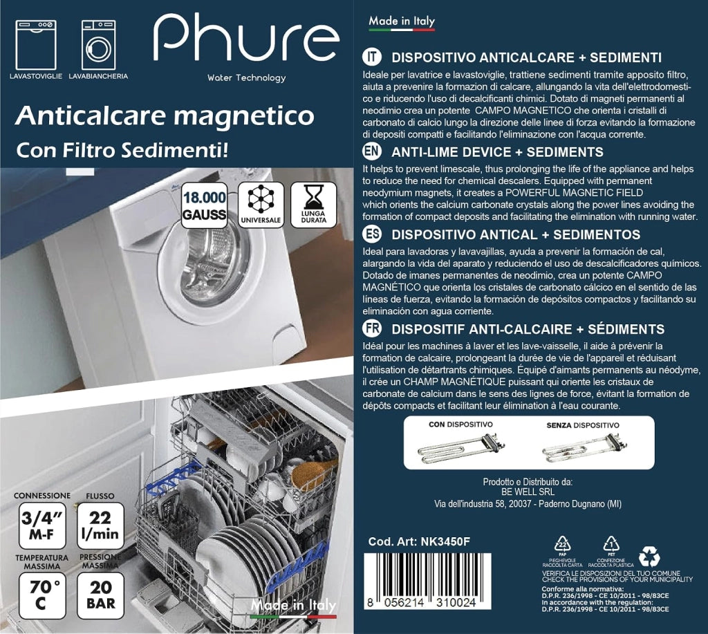 Phure Neokal Dispositivo Anticalcare Magnetico CON FILTRO SEDIMENTI Universale 3/4" Per Lavatrice E Lavastoviglie