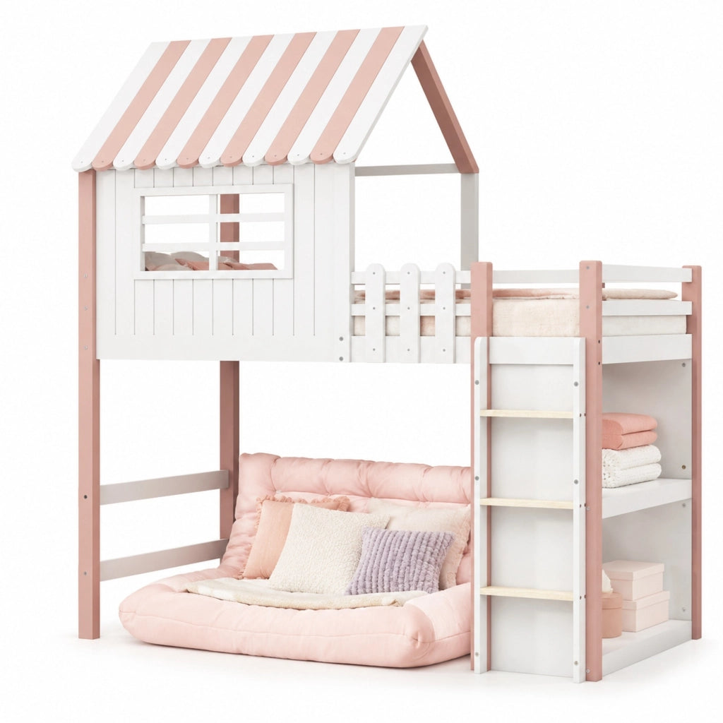 Letto per bambini a casetta rosa 90 x 200 cm con scala e rete
