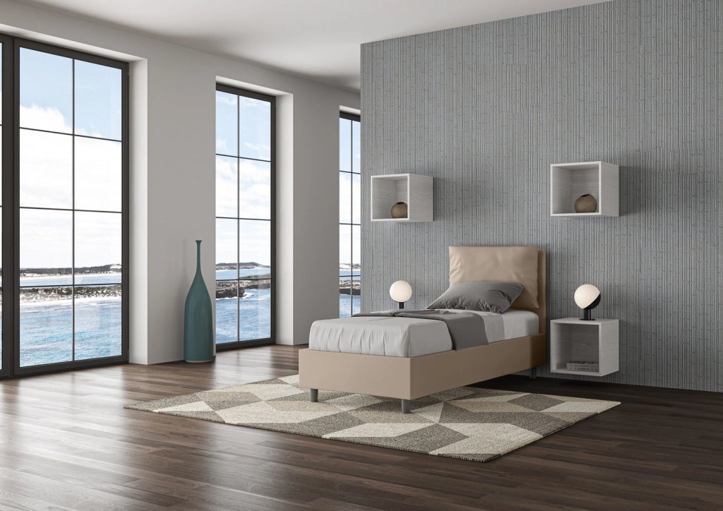 BS COM Letto singolo contenitore imbottito 80x190 similpelle tortora
