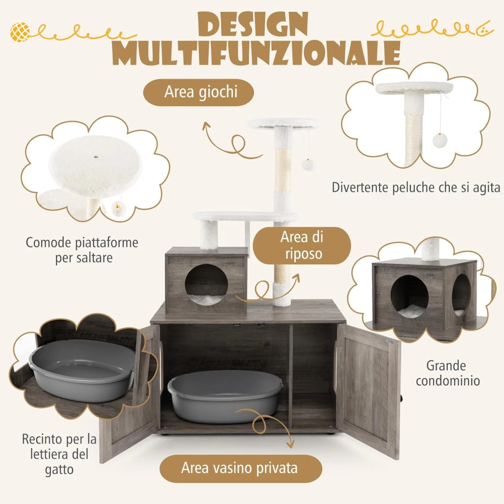 Tiragraffi per Gatti Adulti con Rifugio ad Ante Nascosto, Torre per Gatti con Cuccia, Piattaforma, Cuscini e Tiragraffi, Albero per Animali Grandi Alto in Legno, 77,5 x 49 x 132 cm (Grigio)