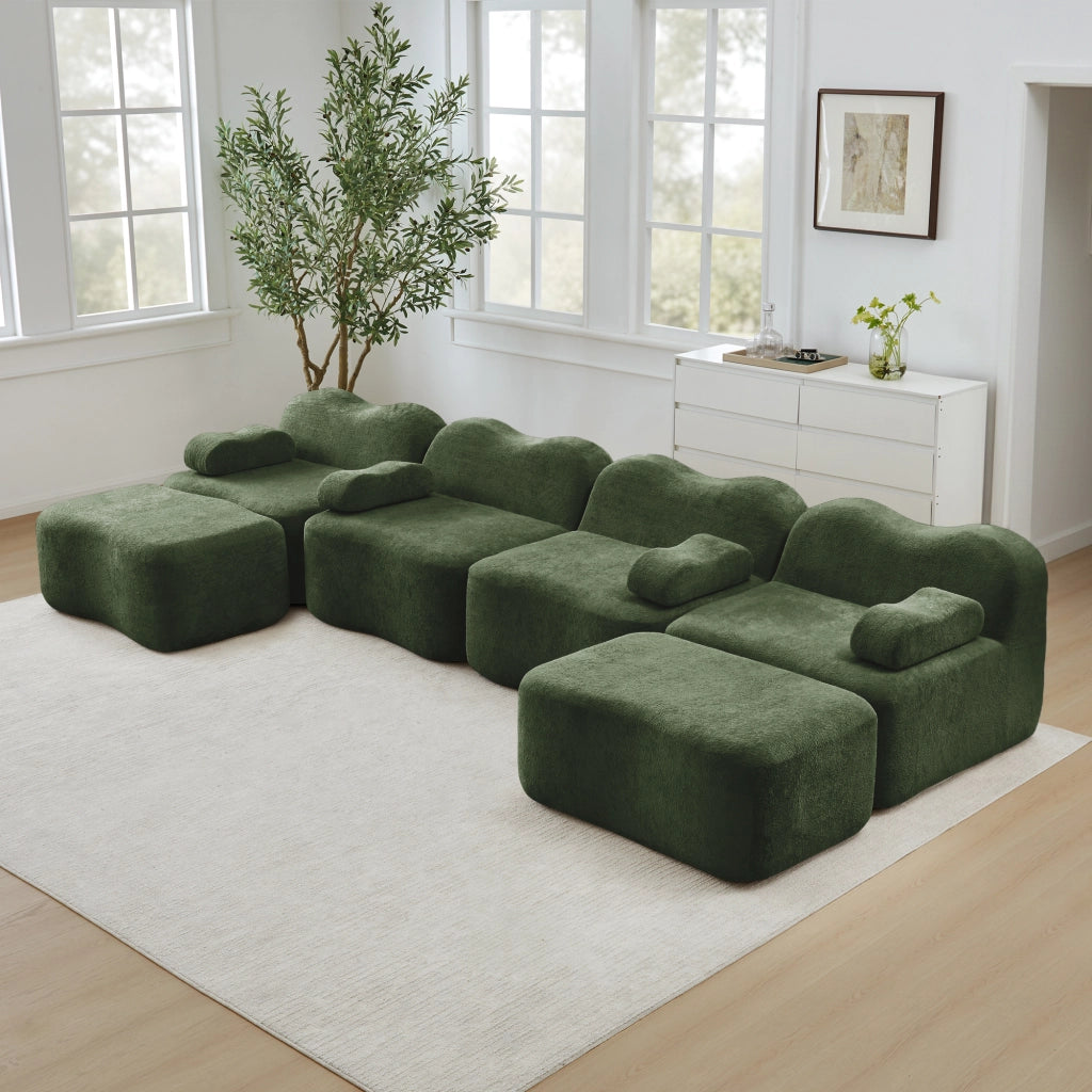 Divano Modulare U 4 Posti con 2 Ottoman ¨C MINIMAL ¨C Tessuto Verde, Cuscini Braccioli Mobili