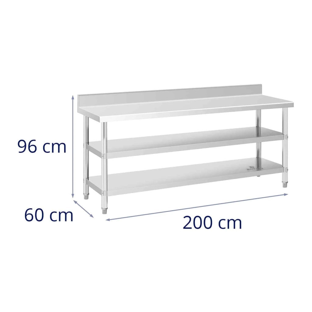 Tavolo da lavoro in acciaio inox tavolo da lavoro in acciaio inox con schienale e paraschizzi 200 x 60 x 16,5 cm 235 kg 2 ripiani 14_0007313