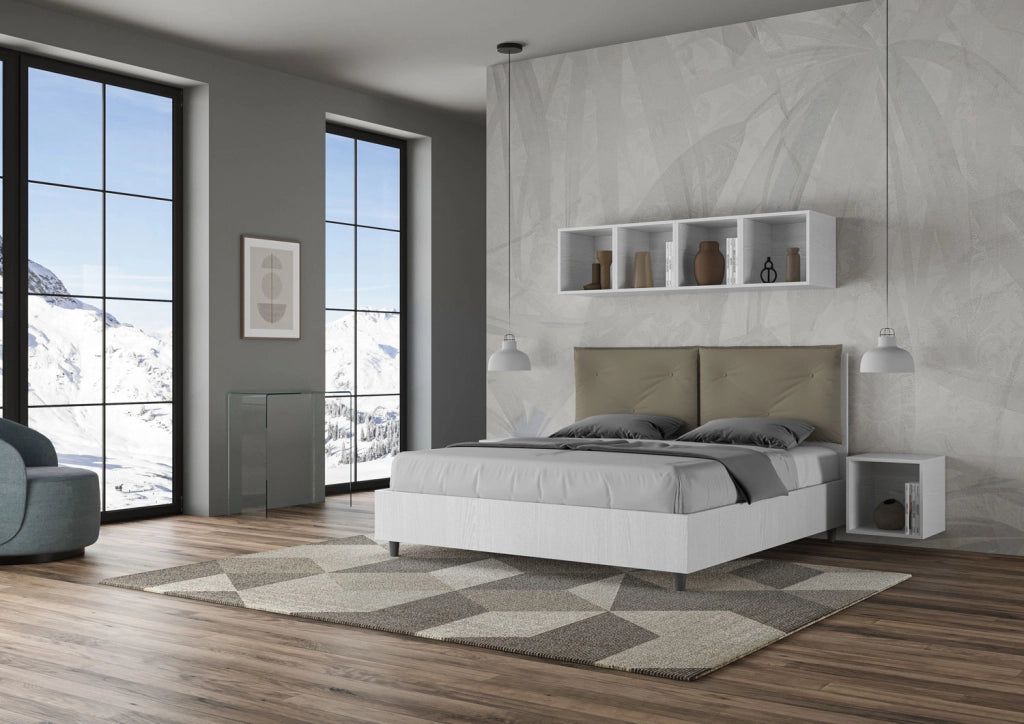 BS COM Letto matrimoniale con rete 160x200 bianco frassino cuscini similpelle cappuccino