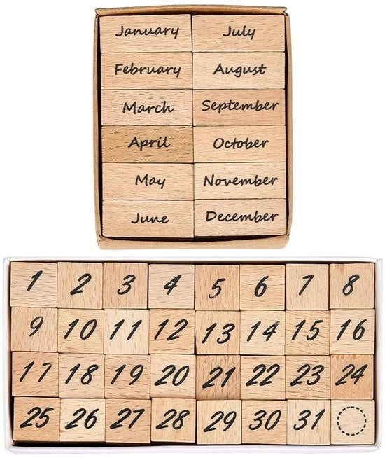 Set di timbri in legno 44 pezzi - numeri 0/31 - timbri mensili - timbri decorativi - ideali per scrapbooking e francobolli