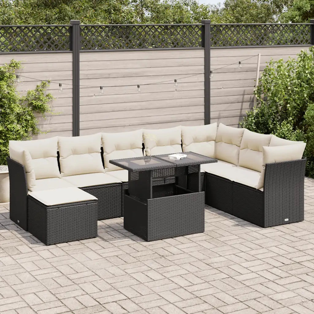 Set Divani da Giardino 9 pz con Cuscini Nero in Polyrattan 3326207