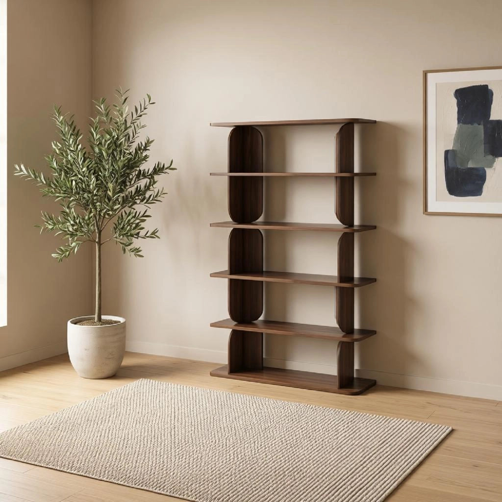 Libreria Moderna Con 5 Ripiani A Giorno Design Minimal Contemporaneo Ideale Per Soggiorno Studio Salotto Corridoio Zona Living E Ufficio In Melaminico 120 X 181.5 X 34 Cm Noce