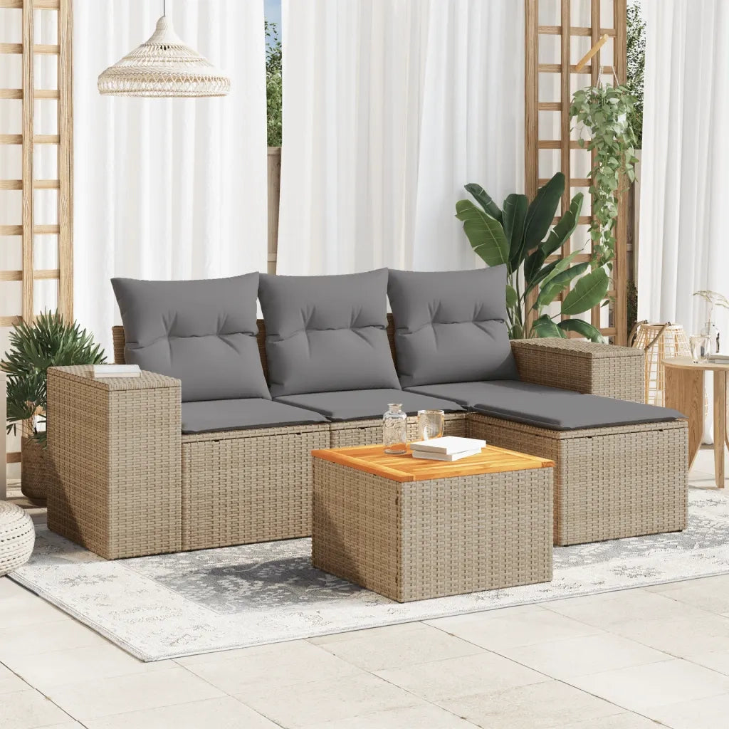 Set Divano da Giardino 5 pz | Set Salotto da Giardino con Cuscini Beige in Polyrattan