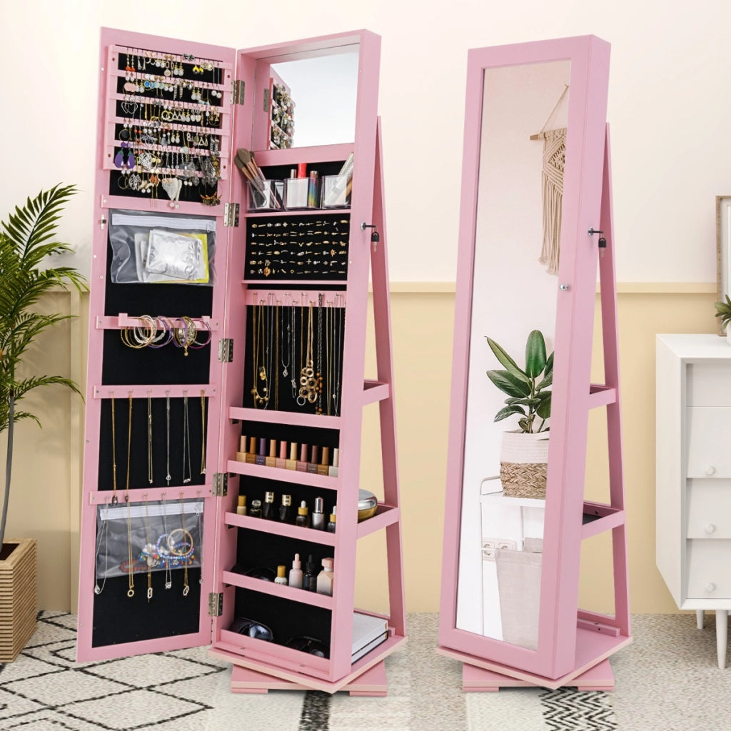 Armadio portagioielli girevole a 360¡ã con specchio, Organizer gioielli 2 in 1 a figura intera Rosa