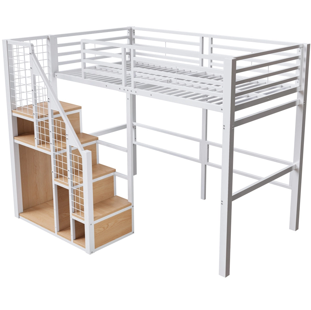 Letto a soppalco 90 x 200 cm bianco con contenitore e scala