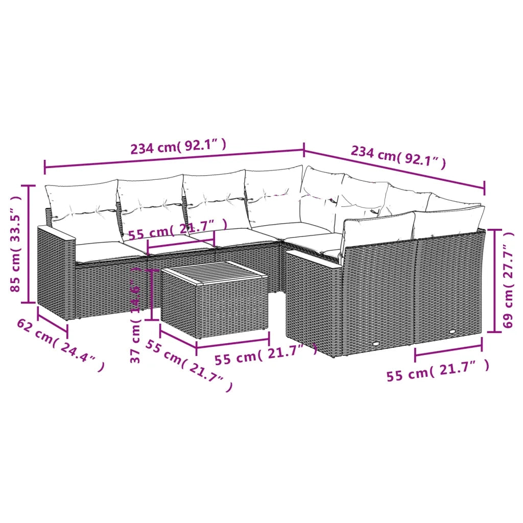 Set Divani da Giardino 9 pz con Cuscini Nero in Polyrattan 3258226