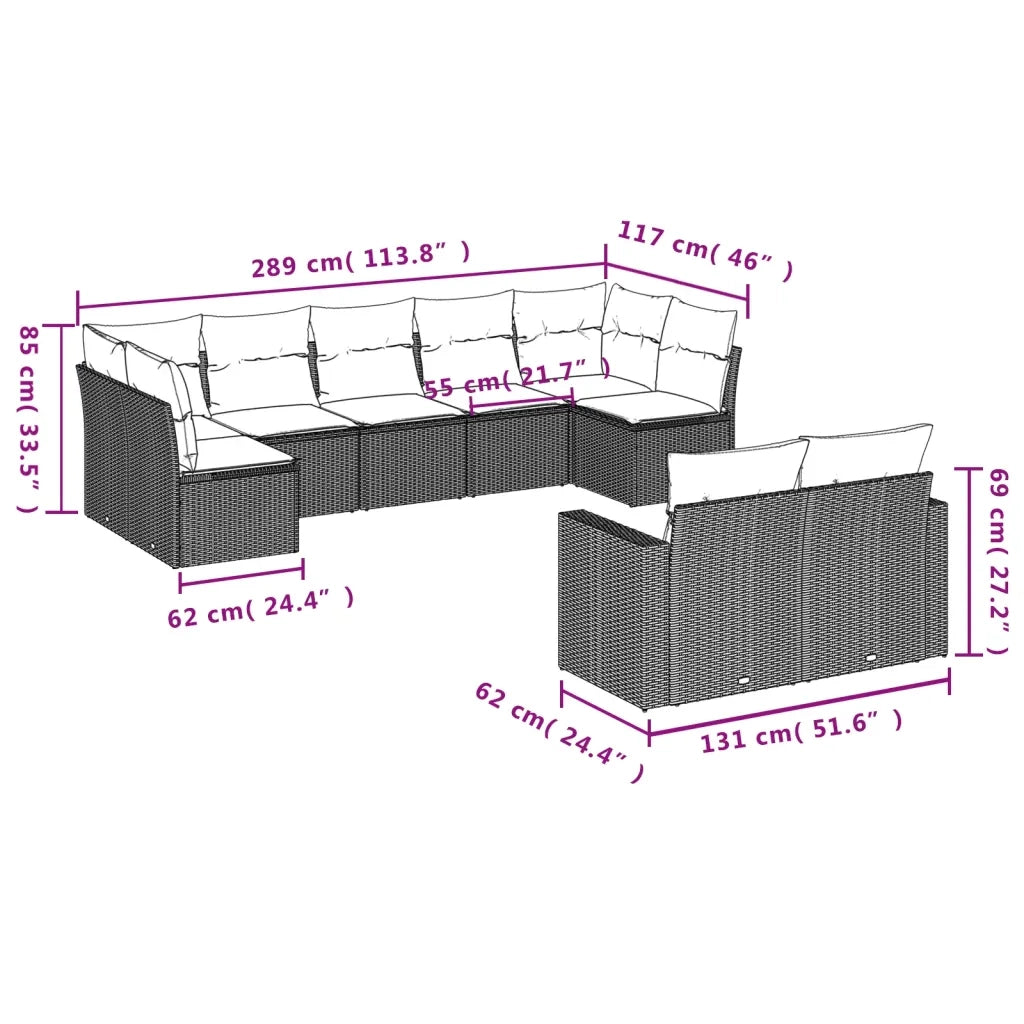Set Divani da Giardino 9 pz con Cuscini Nero in Polyrattan 3251753