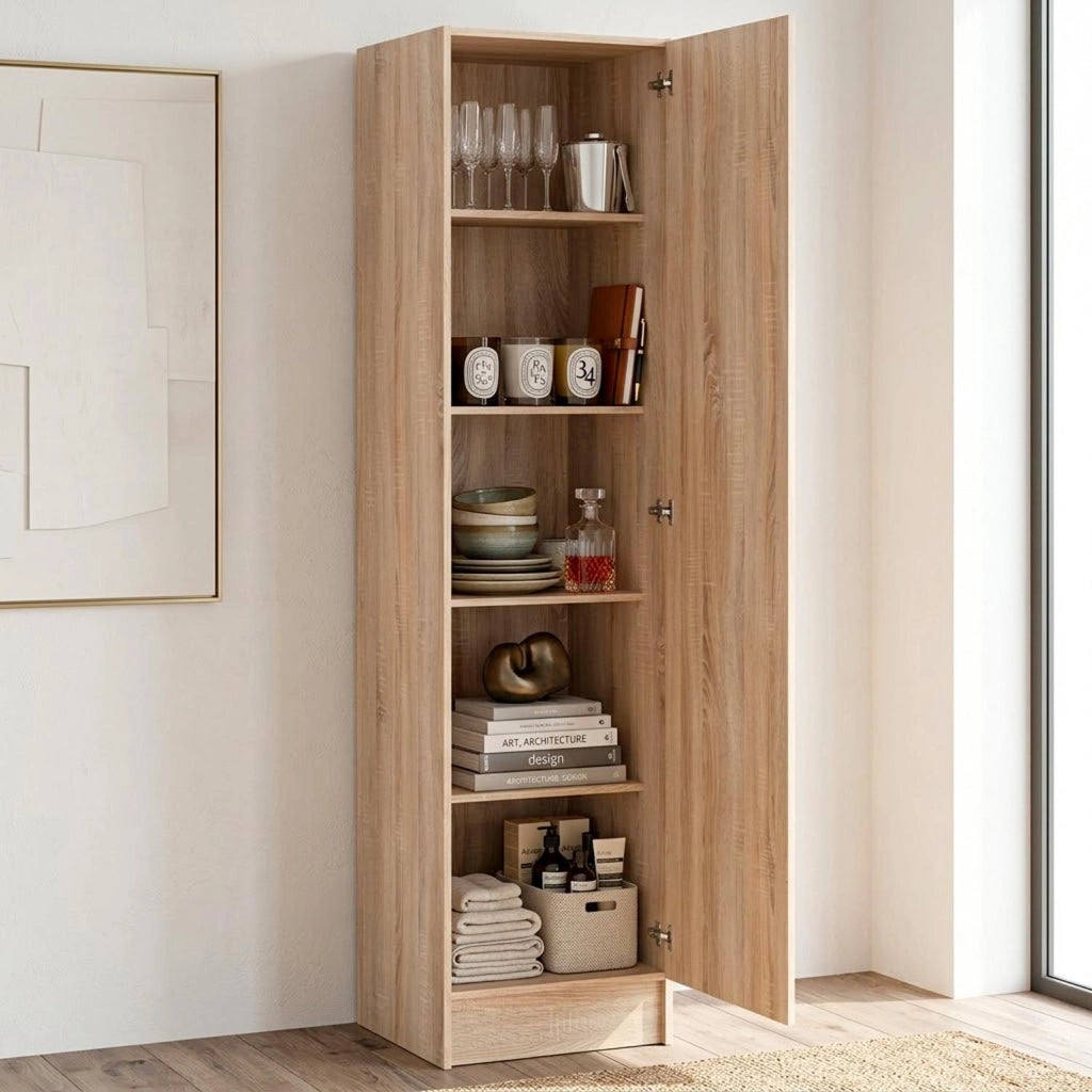 Colonna Armadio Bagno Con 1 Anta E 4 Ripiani Regolabili Mobile Salvaspazio Alto Design Moderno Semplice Per Ingresso Corridoio Ripostiglio Con Maniglia In Metallo Argentata 200 X 47.1 X 49.2 Cm Rovere