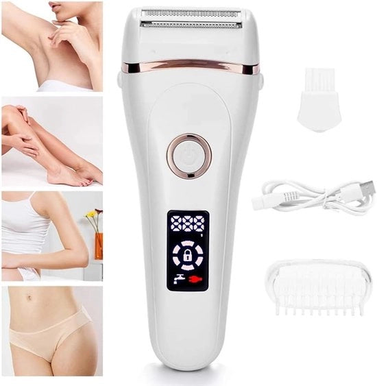 Elettrodepilatore senza fili caricabile per donne con display LED, adatto per gambe e ascelle, bianco.