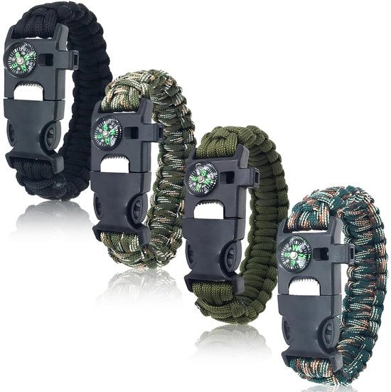 Set di Armband di Emergenza 5-in-1 - 4-Pack con Accendino/Kompas/Fischietto - Paracorda 290 cm - Segnale di Emergenza - Taglierino - Attrezzatura da Campeggio - Armband di Emergenza